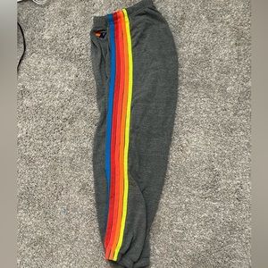 Aviator Nation Women’s 5 Stripe Neon Rainbow Sweatpants Size Large (rip)